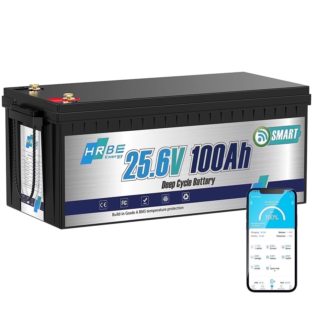 Акумулятор HRBEEnergy LiFePO4 24V/100AH (2560W*h), Smart BMS, Bluetooth APP, (літій-залізо-фосфатний акумулятор для ДБЖ (UPS))