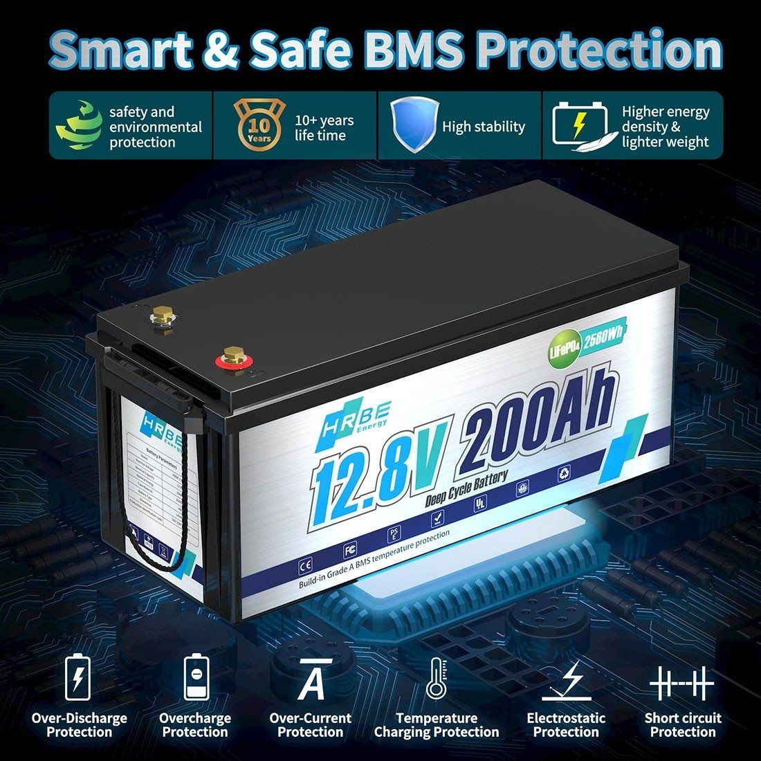 Акумулятор HRBEEnergy LiFePO4 12V/200AH (2400W*h) (літій-залізо-фосфатний акумулятор для ДБЖ (UPS)) — фото 4