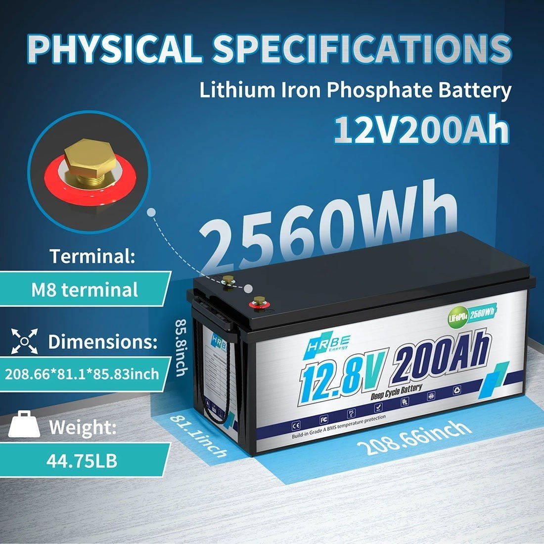 Акумулятор HRBEEnergy LiFePO4 12V/200AH (2400W*h) (літій-залізо-фосфатний акумулятор для ДБЖ (UPS)) — фото 8
