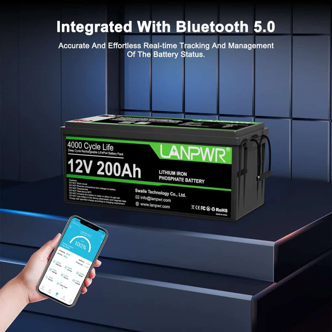 Акумулятор LanPWR LiFePO4 12V/200AH, 200A (2560W*h), Smart BMS, Bluetooth APP (літій-залізо-фосфатний акумулятор для ДБЖ (UPS)) — фото 2