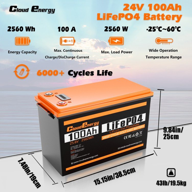 Акумулятор Cloud Energy LiFePO4 24V/100AH, 2560W*h, 100А (з дисплєм, літій-залізо-фосфатний акумулятор для ДБЖ (UPS)) — фото 2