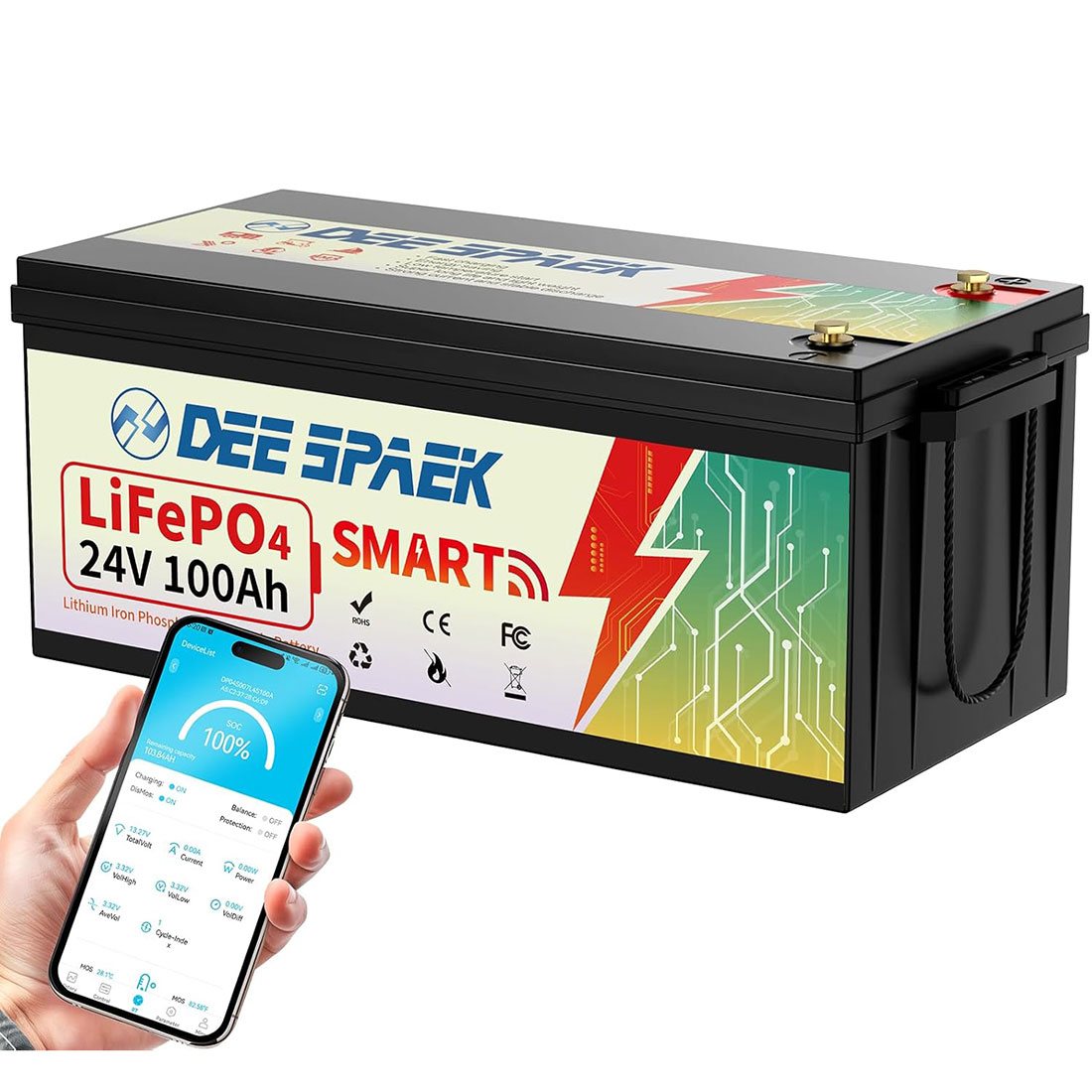Акумулятор DeeSpaek LiFePO4 24V/100AH, 50A/100A (2560W*h), Smart BMS, Bluetooth APP, (літій-залізо-фосфатний акумулятор для ДБЖ (UPS))