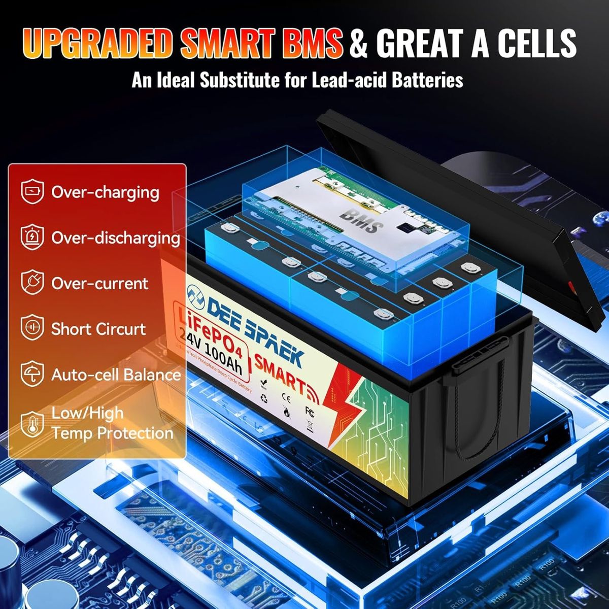 Акумулятор DeeSpaek LiFePO4 24V/100AH, 50A/100A (2560W*h), Smart BMS, Bluetooth APP, (літій-залізо-фосфатний акумулятор для ДБЖ (UPS)) — фото 4