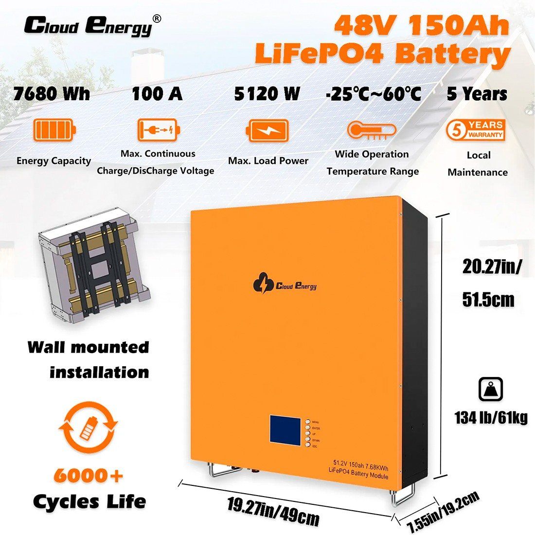 Акумулятор Cloud Energy LiFePO4 48V/150AH, 7680W*h, 100А (Wall Mounted, літій-залізо-фосфатний акумулятор для ДБЖ (UPS)) — фото 4