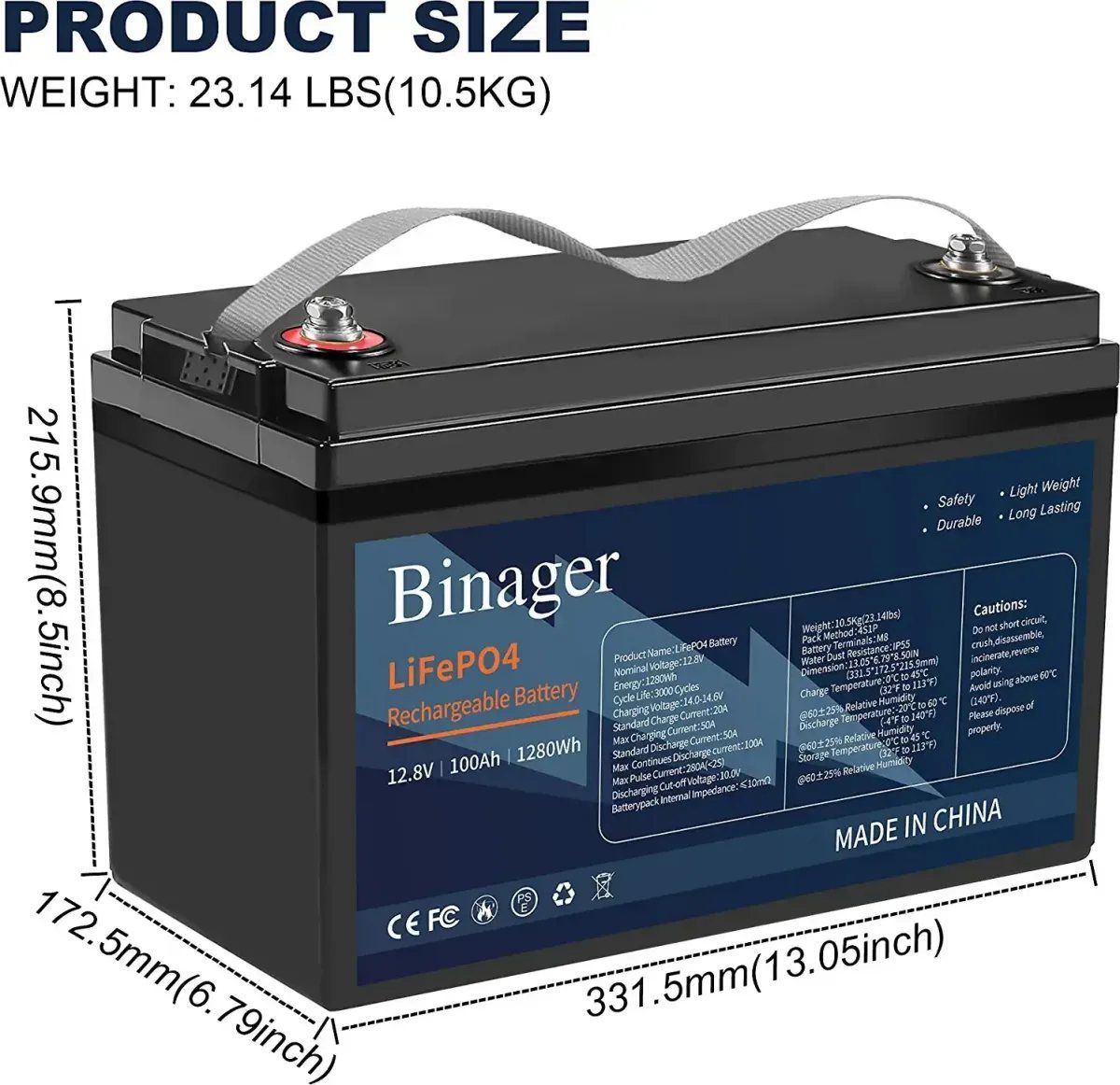 Акумулятор Binager LiFePO4 12,8V/100AH (1280W*h) (літій-залізо-фосфатний акумулятор для ДБЖ (UPS)) — фото 2