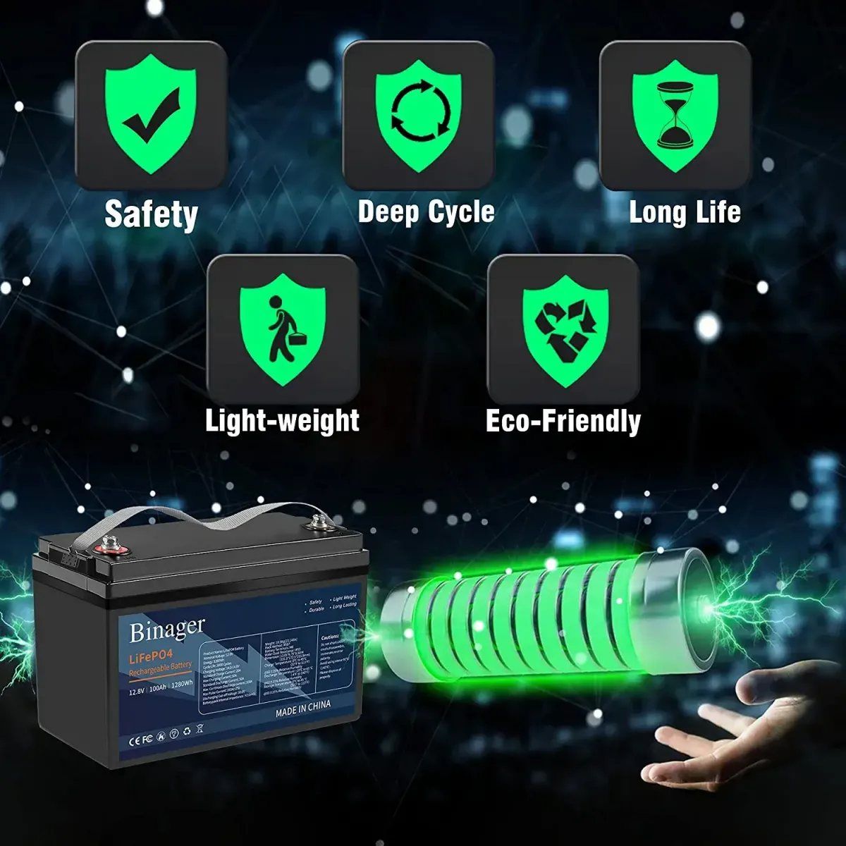 Акумулятор Binager LiFePO4 12,8V/100AH (1280W*h) (літій-залізо-фосфатний акумулятор для ДБЖ (UPS)) — фото 4